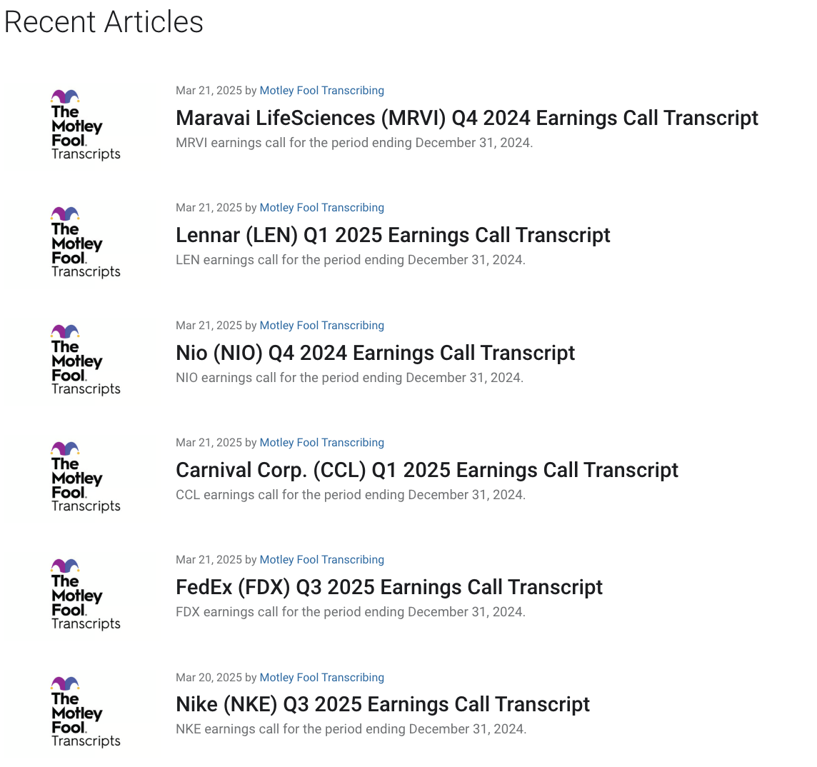 Earning Transcripts from Motley Fool