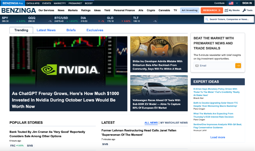Picture showing Benzinga website