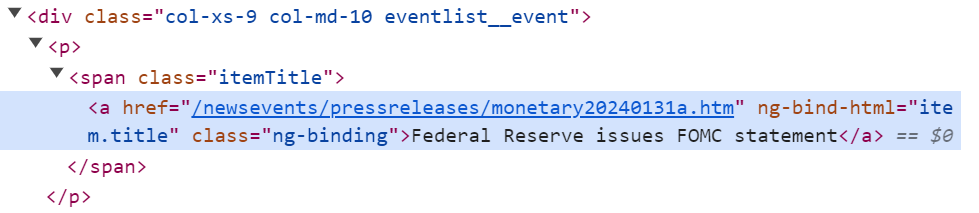 Screenshot of HTML containing FOMC statement link