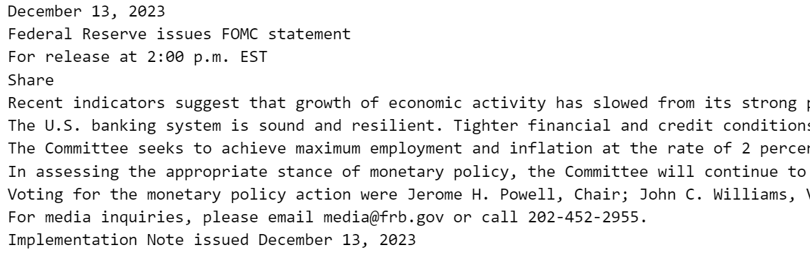 Screenshot of sample FOMC text